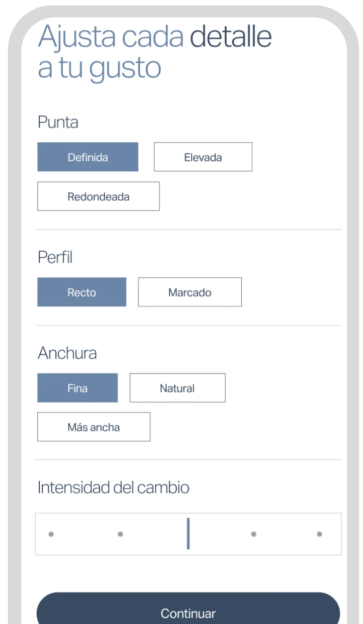 Pantalla de ajustes con las opciones de punta, perfil y anchura, y el deslizador de intensidad del cambio.