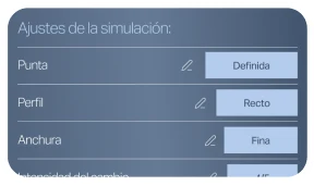 Lista de ajustes de la simulación: punta definida, perfil recto y anchura fina.