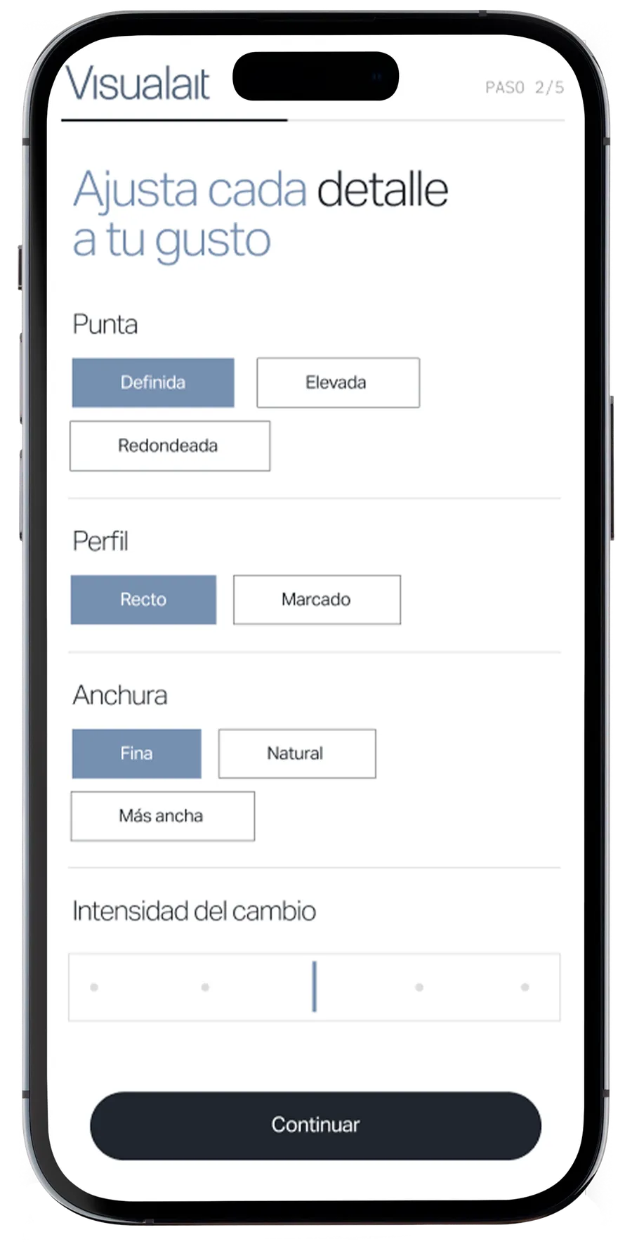 Pantalla de ajustes del simulador Visualait: punta, perfil, anchura e intensidad del cambio