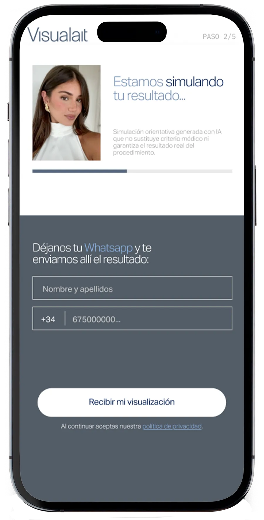 Pantalla del simulador Visualait pidiendo el WhatsApp de la paciente para enviarle su resultado