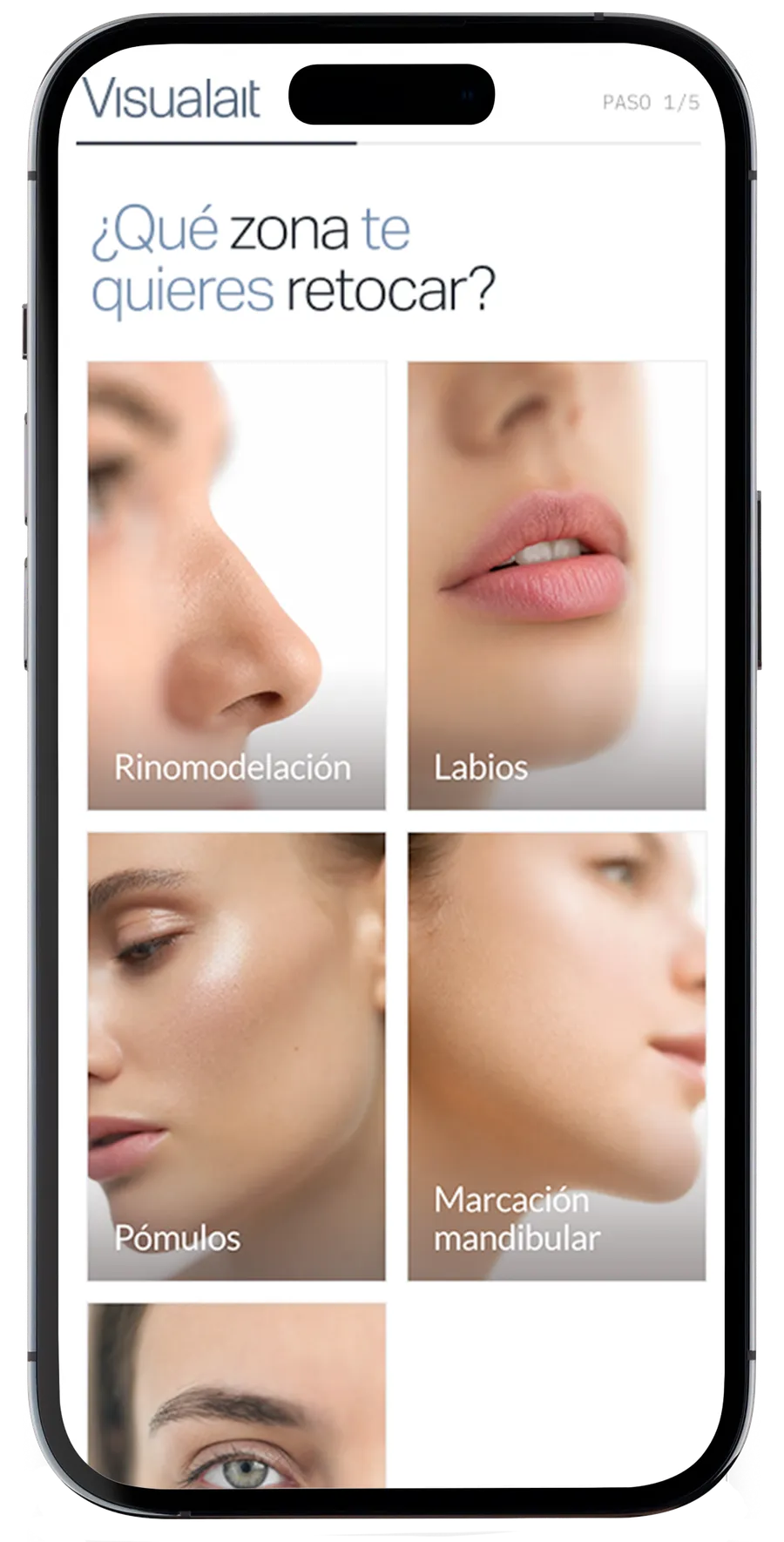 Pantalla del simulador Visualait donde la paciente elige la zona a retocar: rinomodelación, labios, pómulos o marcación mandibular